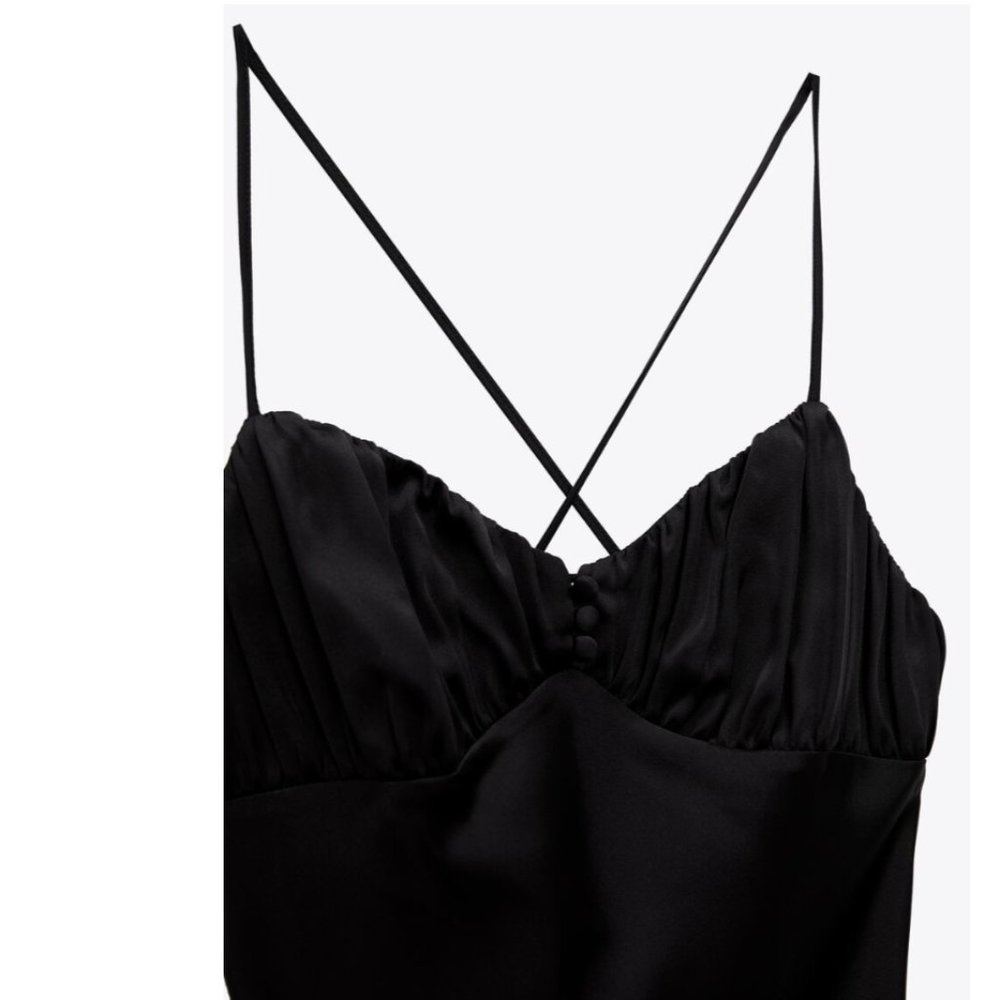 ZARA BLACK SATIN LACE V NECK CROSSED BACK MAXI DRESS - Picture 3 of 4